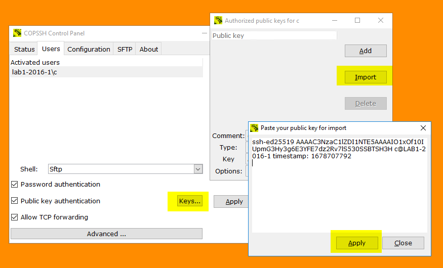 Copssh Control Panel - User - Keys - Import